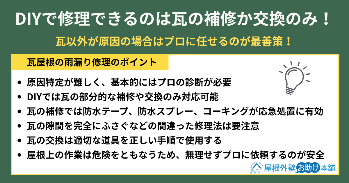DIY修理できるのは瓦の補修か交換のみ！